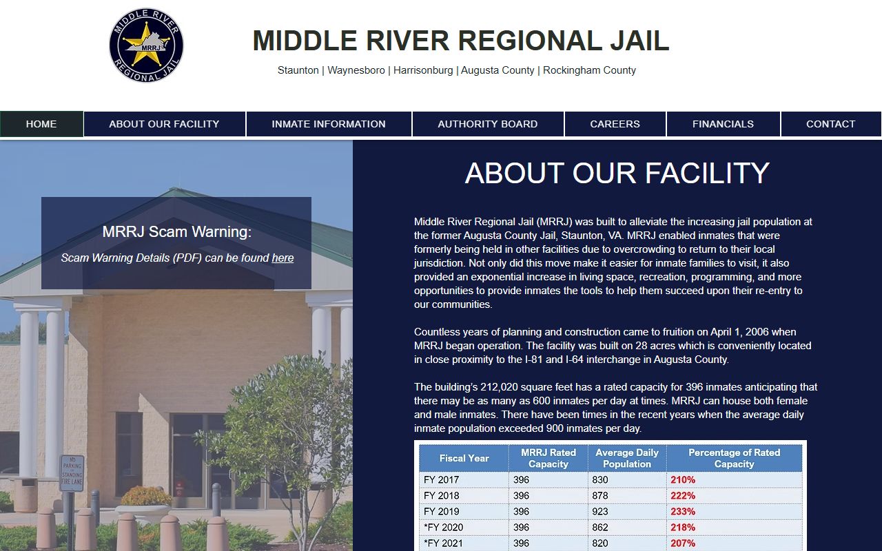 Middle River Regional Jail official home page with facility and capacity information
