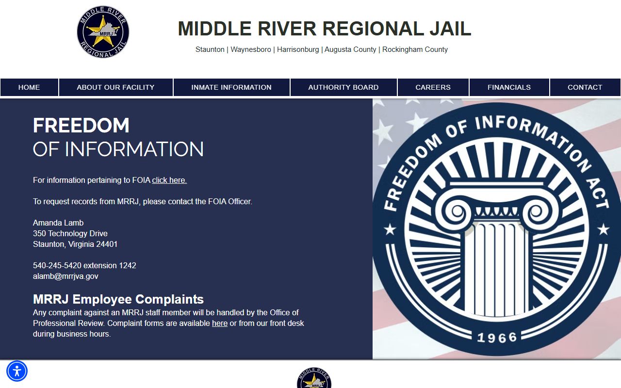 Middle River Regional Jail FOIA officer contact page