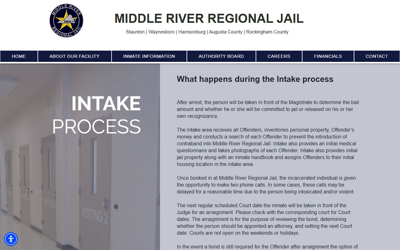 Middle River Regional Jail intake process page