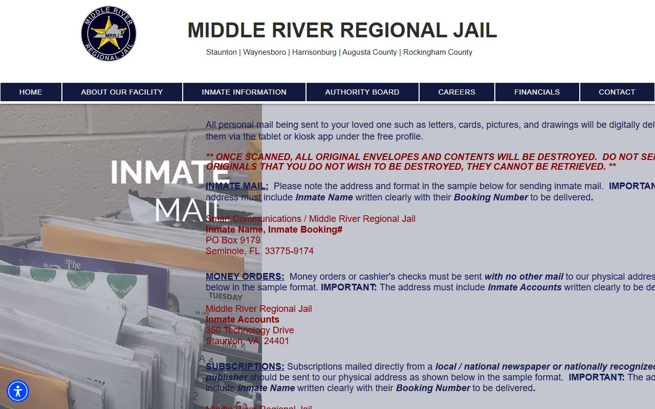 Middle River Regional Jail Smart Communications mail instructions