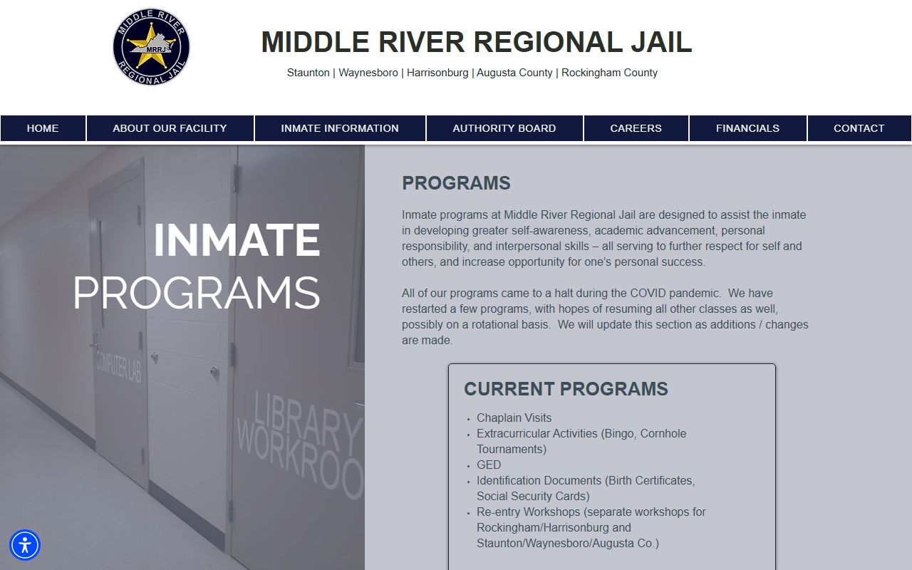 Middle River Regional Jail GED, reentry, work release, and workforce program page