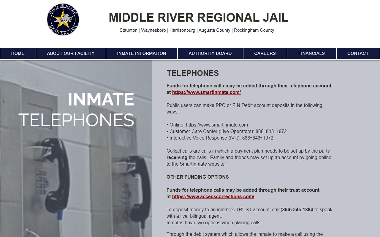 Middle River Regional Jail phone deposit and SmartInmate rules