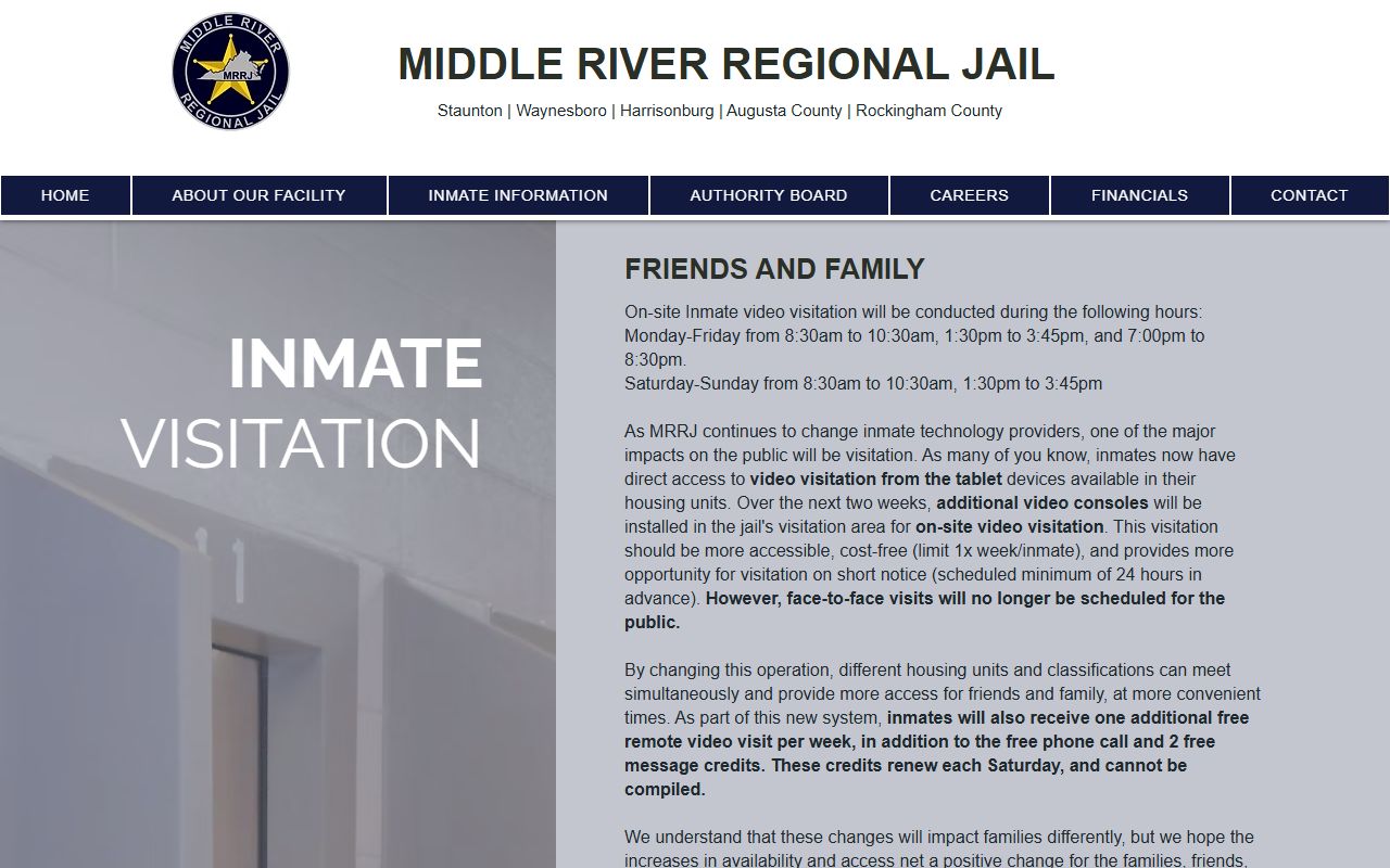Middle River Regional Jail visitation rules and schedules